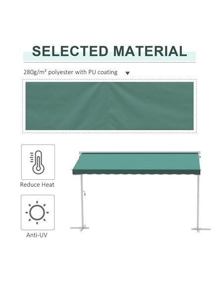 Outsunny 2 Side Manual Awning Garden Adjustable Canopy Free Standing Awning Shelter, 300 x 300 cm, Green and White 840-145GN - pic 52636 | FastDaddyshop