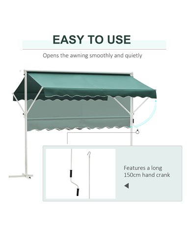 Outsunny 2 Side Manual Awning Garden Adjustable Canopy Free Standing Awning Shelter, 300 x 300 cm, Green and White 840-145GN
