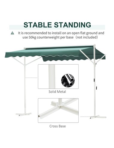 Outsunny 2 Side Manual Awning Garden Adjustable Canopy Free Standing Awning Shelter, 300 x 300 cm, Green and White 840-145GN