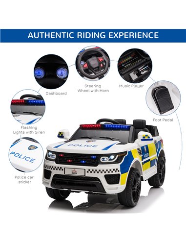 HOMCOM 12V Kids Portable Electric Ride On Police Car with Parental Remote Control Siren Flashing Lights USB Bluetooth for 3-6 Ye