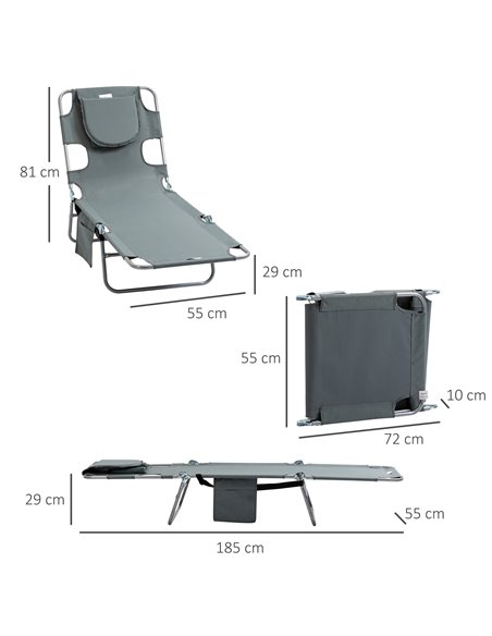 Outsunny Beach Chaise Lounge with Face Hole and Arm Slots, Portable Sun Lounger, 5-Position Reclining, Grey 84B-867GY - pic 52823 | FastDaddyshop