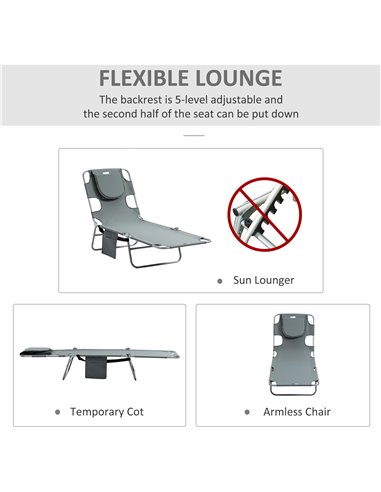 Outsunny Beach Chaise Lounge with Face Hole and Arm Slots, Portable Sun Lounger, 5-Position Reclining, Grey 84B-867GY