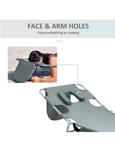 Outsunny Beach Chaise Lounge with Face Hole and Arm Slots, Portable Sun Lounger, 5-Position Reclining, Grey 84B-867GY