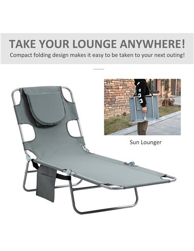 Outsunny Beach Chaise Lounge with Face Hole and Arm Slots, Portable Sun Lounger, 5-Position Reclining, Grey 84B-867GY