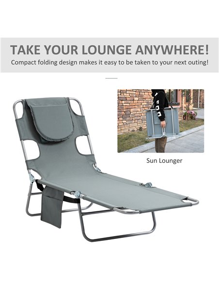Outsunny Beach Chaise Lounge with Face Hole and Arm Slots, Portable Sun Lounger, 5-Position Reclining, Grey 84B-867GY - pic 52827 | FastDaddyshop