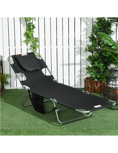 Outsunny Beach Chaise Lounge, Foldable Sun Lounger with Reading Hole, Adjustable Backrest & Side Pocket, Black 84B-867V70BK