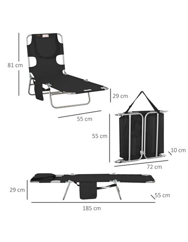 Outsunny Beach Chaise Lounge, Foldable Sun Lounger with Reading Hole, Adjustable Backrest & Side Pocket, Black 84B-867V70BK