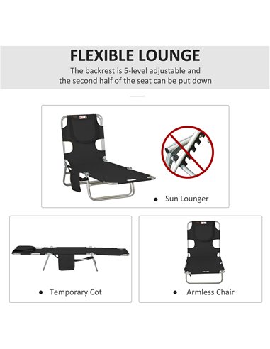Outsunny Beach Chaise Lounge, Foldable Sun Lounger with Reading Hole, Adjustable Backrest & Side Pocket, Black 84B-867V70BK