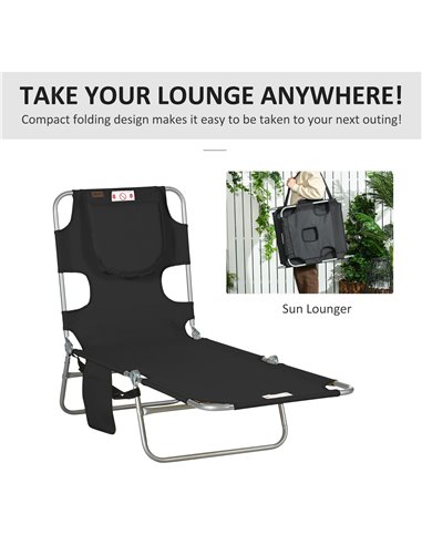 Outsunny Beach Chaise Lounge, Foldable Sun Lounger with Reading Hole, Adjustable Backrest & Side Pocket, Black 84B-867V70BK
