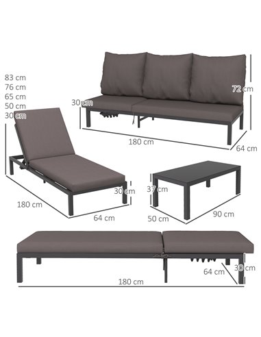 Outsunny 3 Pieces Garden Sun Loungers Set with Cushion, 5-level Adjustable Outdoor Recliner Bed Set w/ Glass Top Table, 2-In-1 D