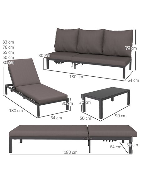 Outsunny 3 Pieces Garden Sun Loungers Set with Cushion, 5-level Adjustable Outdoor Recliner Bed Set w/ Glass Top Table, 2-In-1 D - pic 52868 | FastDaddyshop