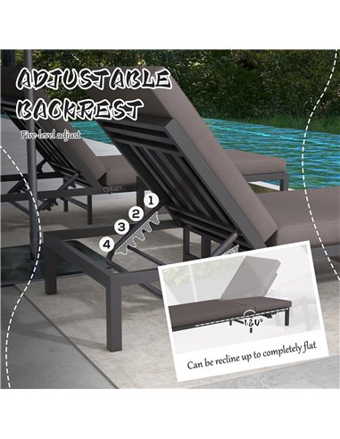Outsunny 3 Pieces Garden Sun Loungers Set with Cushion, 5-level Adjustable Outdoor Recliner Bed Set w/ Glass Top Table, 2-In-1 D