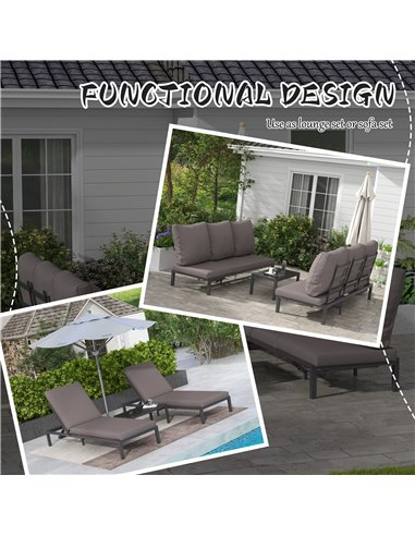 Outsunny 3 Pieces Garden Sun Loungers Set with Cushion, 5-level Adjustable Outdoor Recliner Bed Set w/ Glass Top Table, 2-In-1 D