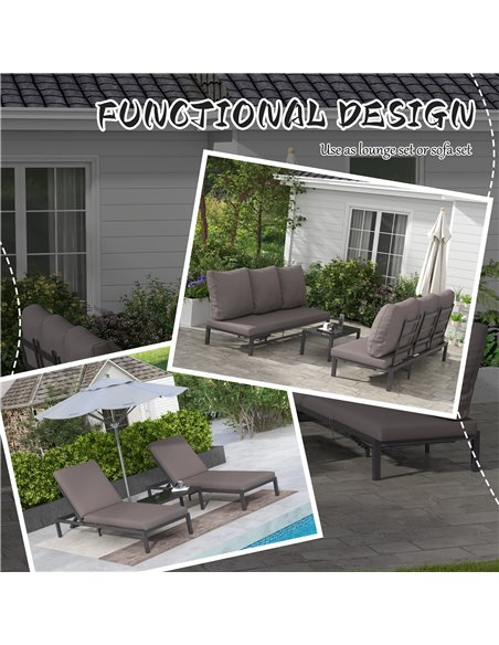 Outsunny 3 Pieces Garden Sun Loungers Set with Cushion, 5-level Adjustable Outdoor Recliner Bed Set w/ Glass Top Table, 2-In-1 D - pic 52871 | FastDaddyshop