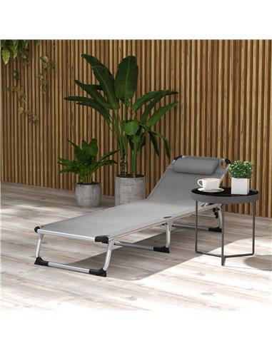 Outsunny Reclining Sun Lounger, Foldable Lounge Chair, Camping Bed Cot, 4-Level Back, Aluminium Frame, Pillow, Grey 84B-592V70LG