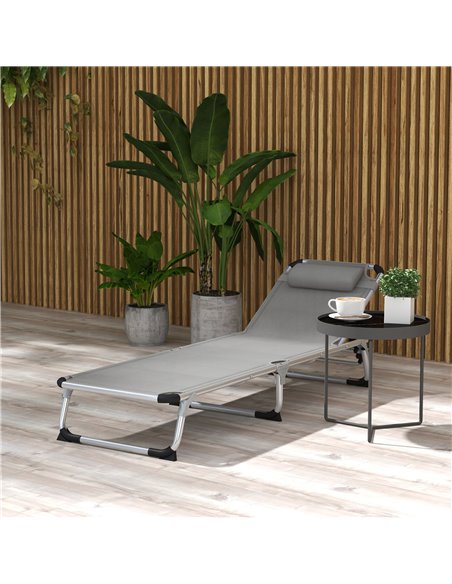 Outsunny Reclining Sun Lounger, Foldable Lounge Chair, Camping Bed Cot, 4-Level Back, Aluminium Frame, Pillow, Grey 84B-592V70LG - pic 52885 | FastDaddyshop