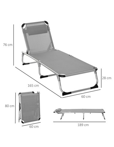 Outsunny Reclining Sun Lounger, Foldable Lounge Chair, Camping Bed Cot, 4-Level Back, Aluminium Frame, Pillow, Grey 84B-592V70LG