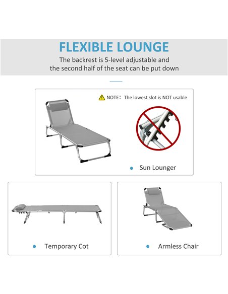 Outsunny Reclining Sun Lounger, Foldable Lounge Chair, Camping Bed Cot, 4-Level Back, Aluminium Frame, Pillow, Grey 84B-592V70LG - pic 52887 | FastDaddyshop