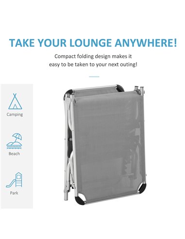 Outsunny Reclining Sun Lounger, Foldable Lounge Chair, Camping Bed Cot, 4-Level Back, Aluminium Frame, Pillow, Grey 84B-592V70LG