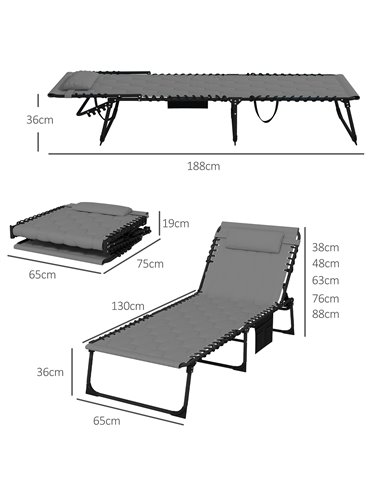 Outsunny Foldable Sun Lounger with 5-level Reclining Back, Outdoor Tanning Chair w/ Padded Seat, Outdoor Sun Lounger with Side P