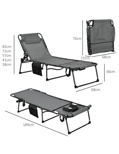 Outsunny Folding Sun Lounger w/ 5-level Reclining Back, Tanning Chair w/ Reading Hole, Outdoor Sun Lounger with Side Pocket, Hea