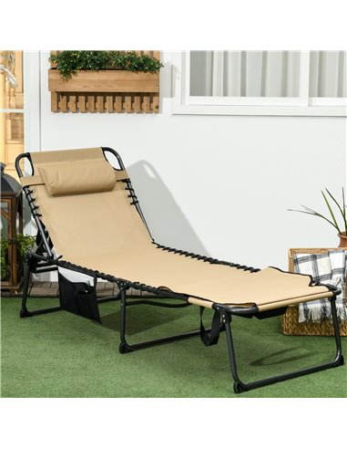 Outsunny Folding Sun Lounger with 5-level Reclining Back, Outdoor Tanning Chair with Reading Hole, Side Pocket, Headrest 84G-269