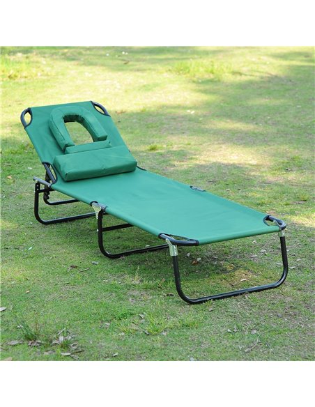 Outsunny Foldable Outdoor Sun Lounger Adjustable Backrest Reclining Chair with Pillow and Reading Hole Garden Beach, Dark Green  - pic 53002 | FastDaddyshop