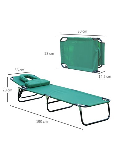 Outsunny Foldable Outdoor Sun Lounger Adjustable Backrest Reclining Chair with Pillow and Reading Hole Garden Beach, Dark Green 