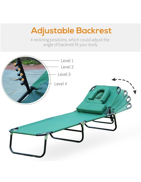 Outsunny Foldable Outdoor Sun Lounger Adjustable Backrest Reclining Chair with Pillow and Reading Hole Garden Beach, Dark Green  - pic 53004 | FastDaddyshop