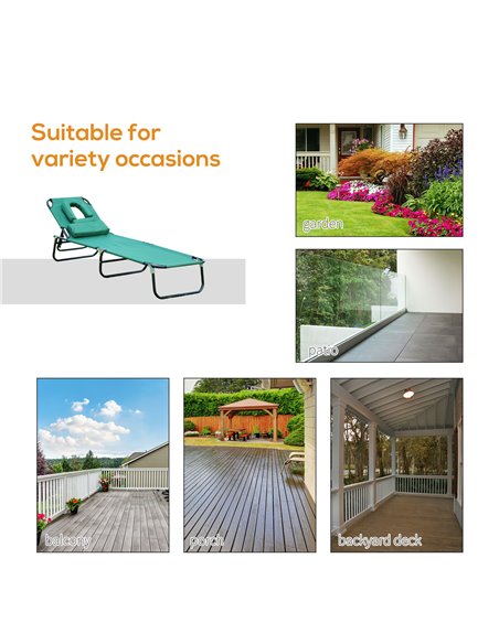 Outsunny Foldable Outdoor Sun Lounger Adjustable Backrest Reclining Chair with Pillow and Reading Hole Garden Beach, Dark Green  - pic 53005 | FastDaddyshop