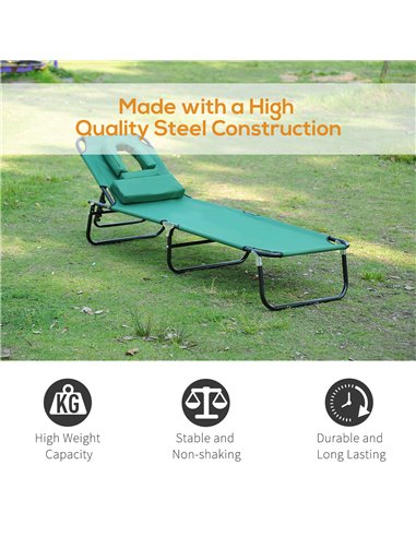Outsunny Foldable Outdoor Sun Lounger Adjustable Backrest Reclining Chair with Pillow and Reading Hole Garden Beach, Dark Green 