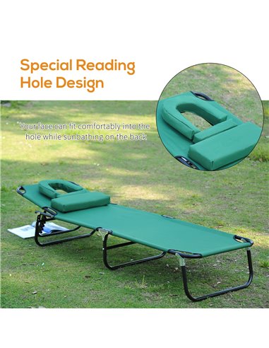 Outsunny Foldable Outdoor Sun Lounger Adjustable Backrest Reclining Chair with Pillow and Reading Hole Garden Beach, Dark Green 