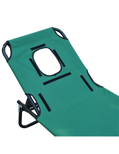 Outsunny Foldable Outdoor Sun Lounger Adjustable Backrest Reclining Chair with Pillow and Reading Hole Garden Beach, Dark Green 