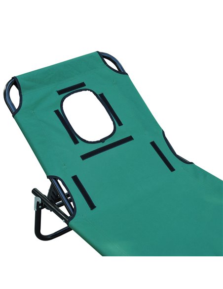 Outsunny Foldable Outdoor Sun Lounger Adjustable Backrest Reclining Chair with Pillow and Reading Hole Garden Beach, Dark Green  - pic 53008 | FastDaddyshop