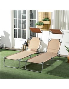 Outsunny Sun Lounger Set of 2, Foldable, 4-Level Adjustable Backrest, Reclining Chair with Sun Shade, for Beach/Garden/Patio, Br 2