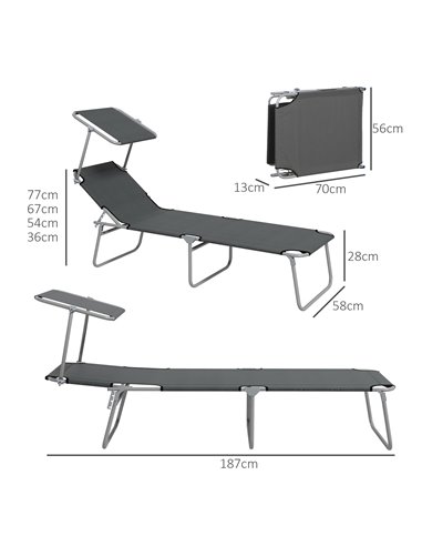 Outsunny Sun Lounger Set of 2, Foldable, 4-Level Adjustable Backrest, Reclining Chair with Sun Shade, for Beach/Garden/Patio, Gr
