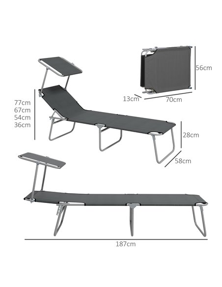 Outsunny Sun Lounger Set of 2, Foldable, 4-Level Adjustable Backrest, Reclining Chair with Sun Shade, for Beach/Garden/Patio, Gr - pic 53057 | FastDaddyshop