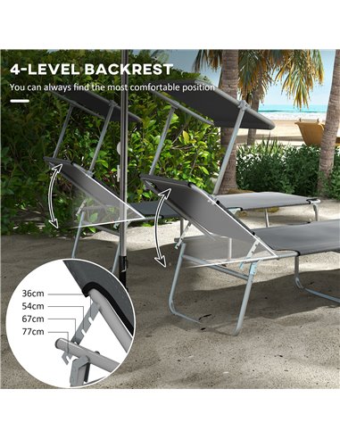 Outsunny Sun Lounger Set of 2, Foldable, 4-Level Adjustable Backrest, Reclining Chair with Sun Shade, for Beach/Garden/Patio, Gr