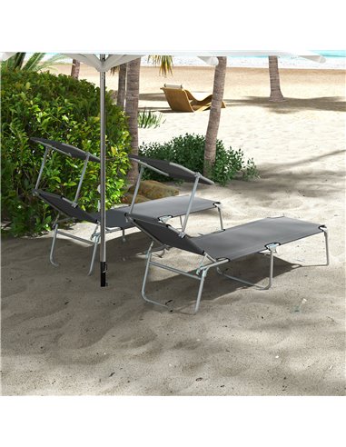 Outsunny Sun Lounger Set of 2, Foldable, 4-Level Adjustable Backrest, Reclining Chair with Sun Shade, for Beach/Garden/Patio, Gr