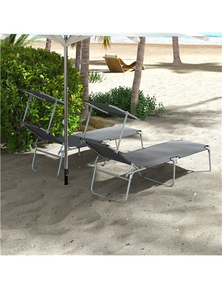 Outsunny Sun Lounger Set of 2, Foldable, 4-Level Adjustable Backrest, Reclining Chair with Sun Shade, for Beach/Garden/Patio, Gr - pic 53063 | FastDaddyshop