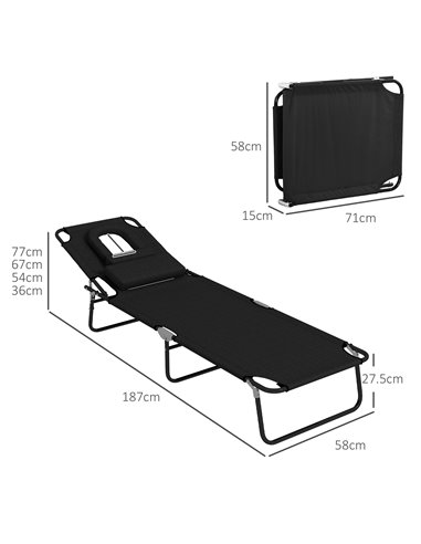 Outsunny Outdoor Foldable Sun Lounger Set of 2, 4 Level Adjustable Backrest Reclining Sun Lounger Chair with Pillow and Reading 
