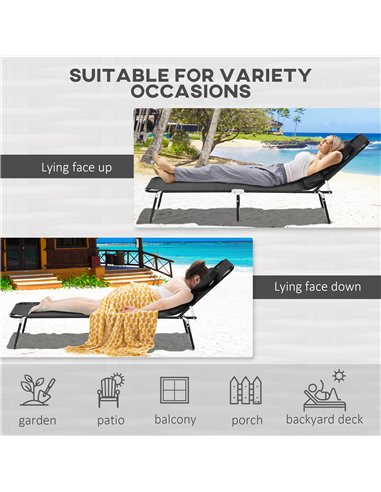 Outsunny Outdoor Foldable Sun Lounger Set of 2, 4 Level Adjustable Backrest Reclining Sun Lounger Chair with Pillow and Reading 