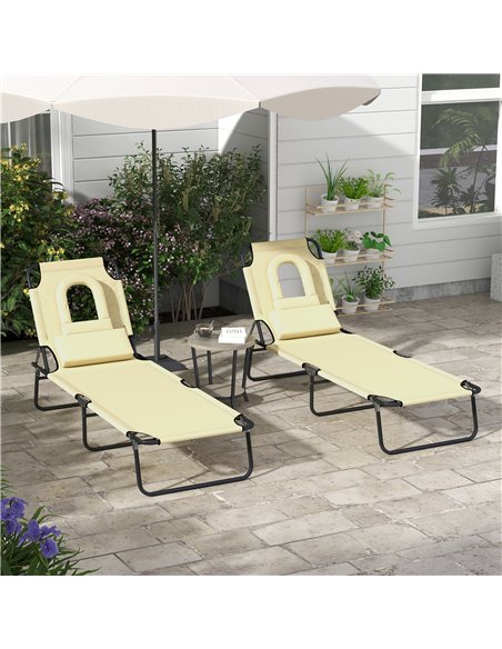 Outsunny Outdoor Foldable Sun Lounger Set of 2, 4 Level Adjustable Backrest Reclining Sun Lounger Chair with Pillow and Reading  - pic 53074 | FastDaddyshop