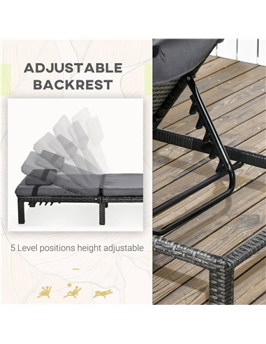 Outsunny Rattan Sun Loungers Set of 2 with 5-Level Adjustable Backrest, Wicker Lounge Chairs with Padded Cushion and Headrest fo