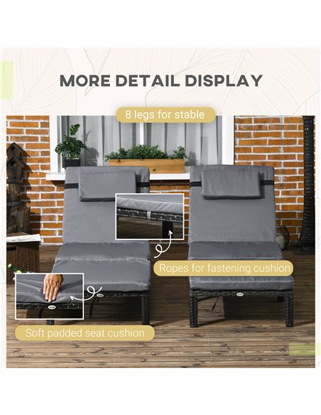 Outsunny Rattan Sun Loungers Set of 2 with 5-Level Adjustable Backrest, Wicker Lounge Chairs with Padded Cushion and Headrest fo - pic 53096 | FastDaddyshop
