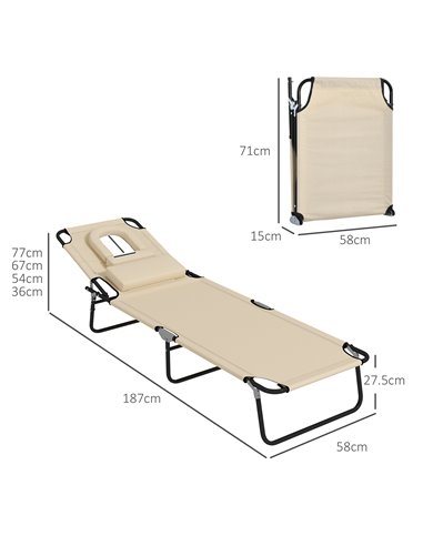 Outsunny Outdoor Foldable Sun Lounger Set of 2, 4 Level Adjustable Backrest Reclining Sun Lounger Chair with Pillow and Reading 