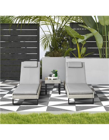 Outsunny 3-piece PE Rattan Sun Lounger Set with Adjustable 5-Position Recliner, Patio Chaise Lounge Chair Set with Cushions, Hea