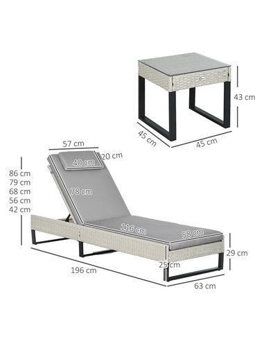 Outsunny 3-piece PE Rattan Sun Lounger Set with Adjustable 5-Position Recliner, Patio Chaise Lounge Chair Set with Cushions, Hea