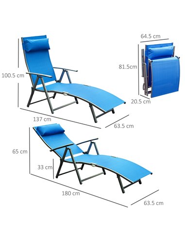 Outsunny Sun Lounger Steel Frame Outdoor Folding Chaise Texteline Lounge Chair Recliner with Headrest & 7 Levels Adjustable Back