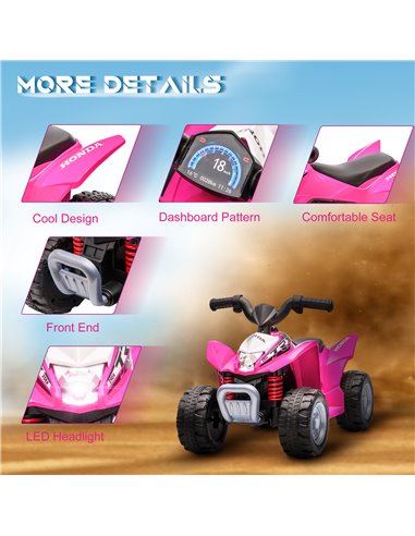 AIYAPLAY Honda Licensed Kids Quad Bike, 6V Electric Ride on Car ATV Toy with LED Light Horn for 1.5-3 Years, Pink
